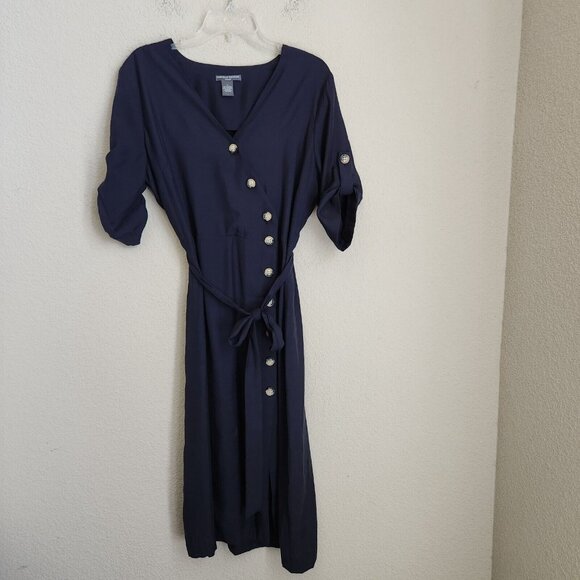 Chelsea Theodore Shirt Maxi Dress Large Navy blue Button-Front Short Sleeve Belt - Picture 15 of 15